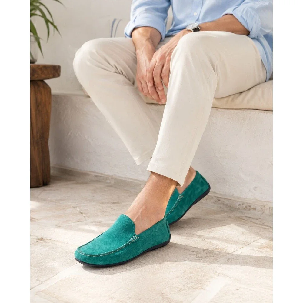 Austen Heller 8220 Mens 9.5 Green Suede Driving Loafers Moccasins Portugal NWOT